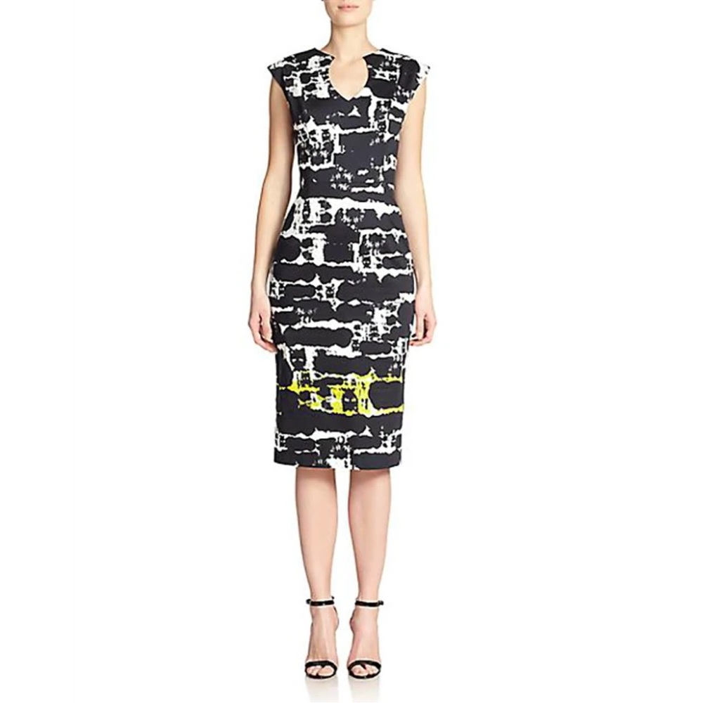 Black Halo Black, White & Yellow Abstract Midi Sheath Dress